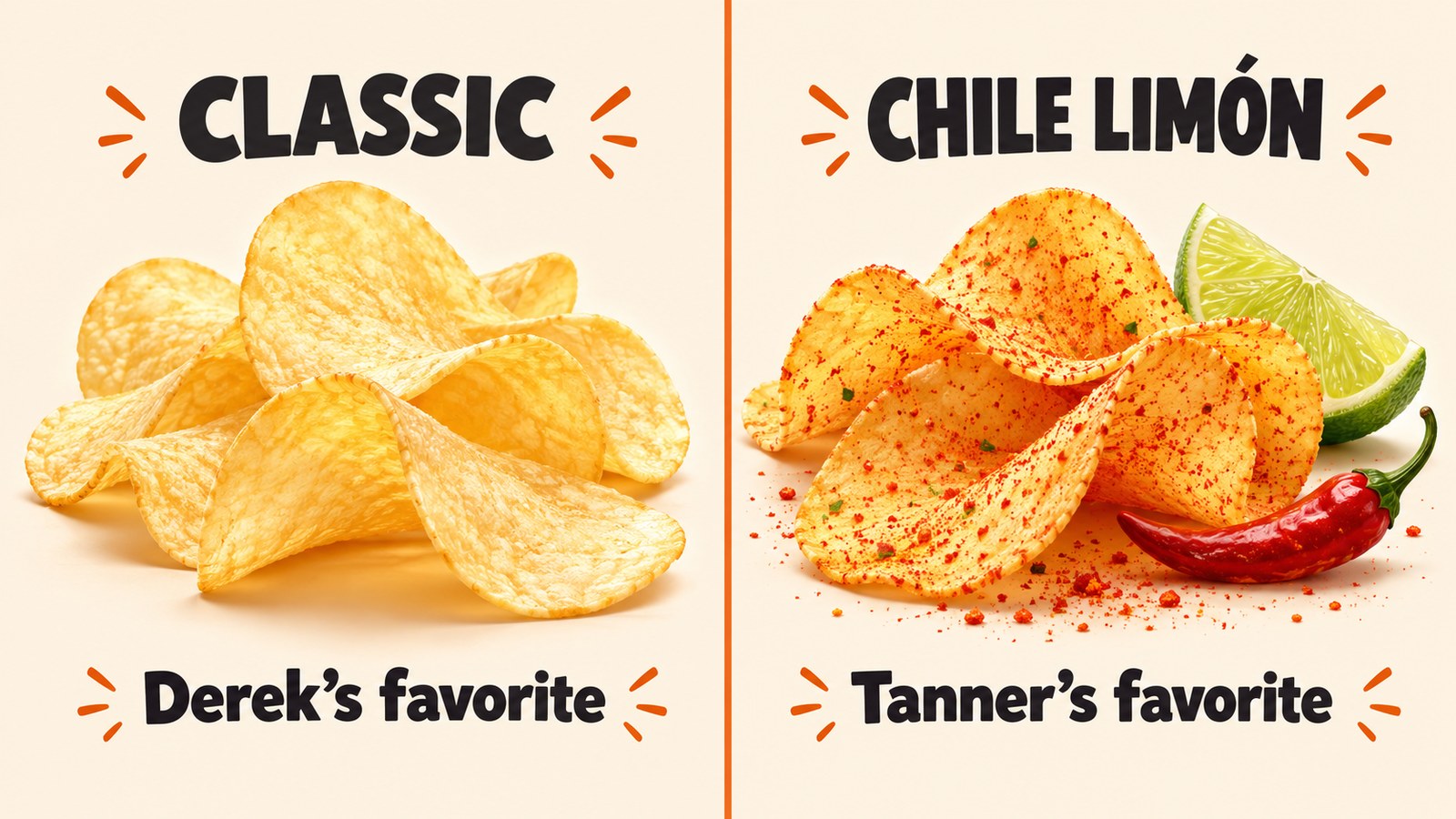 Editorial illustration comparing plain chips labeled Classic, Derek’s favorite, with chili-lime chips labeled Chile Limón, Tanner’s favorite.